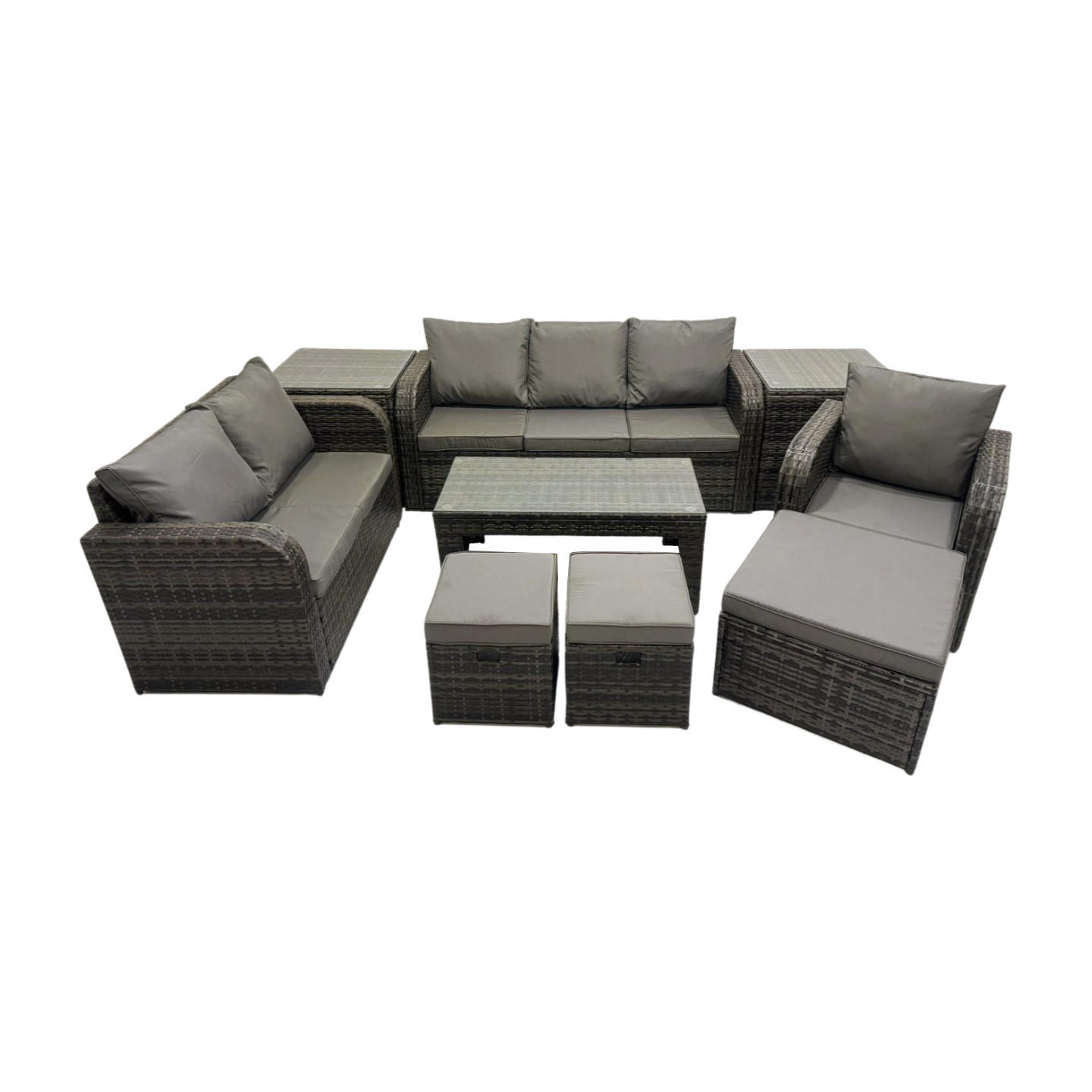 GARTENSOFA SET mit rechteckigem COUCHTISCH Polyrattan 9-Sitzer Dunkelgrau - Dunkelgrau/Grau, Glas/Kunststoff - Fimous