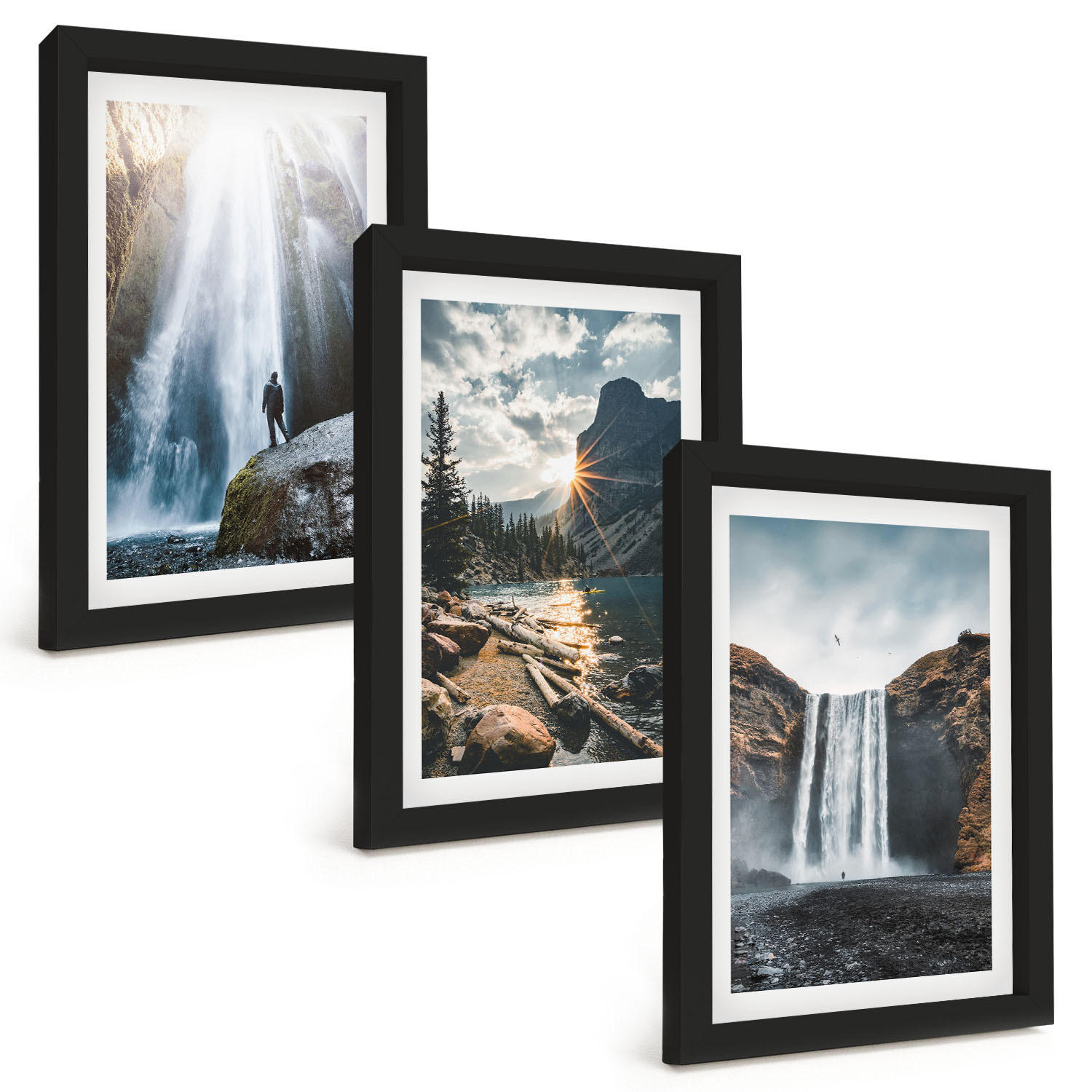 BILDER SET 3er Set - 20x30 cm Schwarzer Rahmen - Wasserfälle, Berge, Landschaften, Natur - Schwarz, Kunststoff (20/30cm) - TULUP