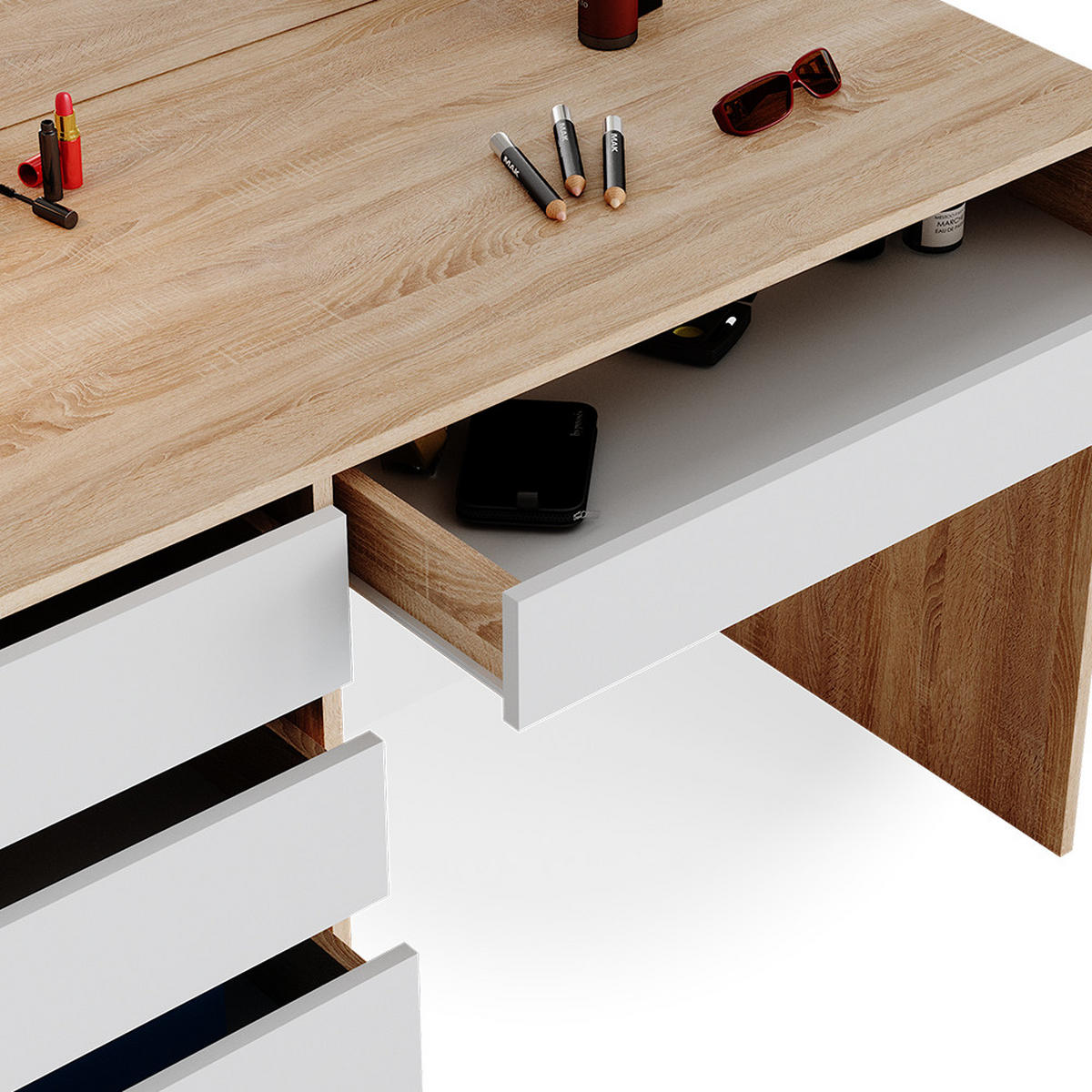 SCHMINKTISCH-SET Sherry Weiß/Sonoma 120 cm mit Hocker - Weiß/Sonoma Eiche, Holzwerkstoff (120/75/55cm) - Vicco