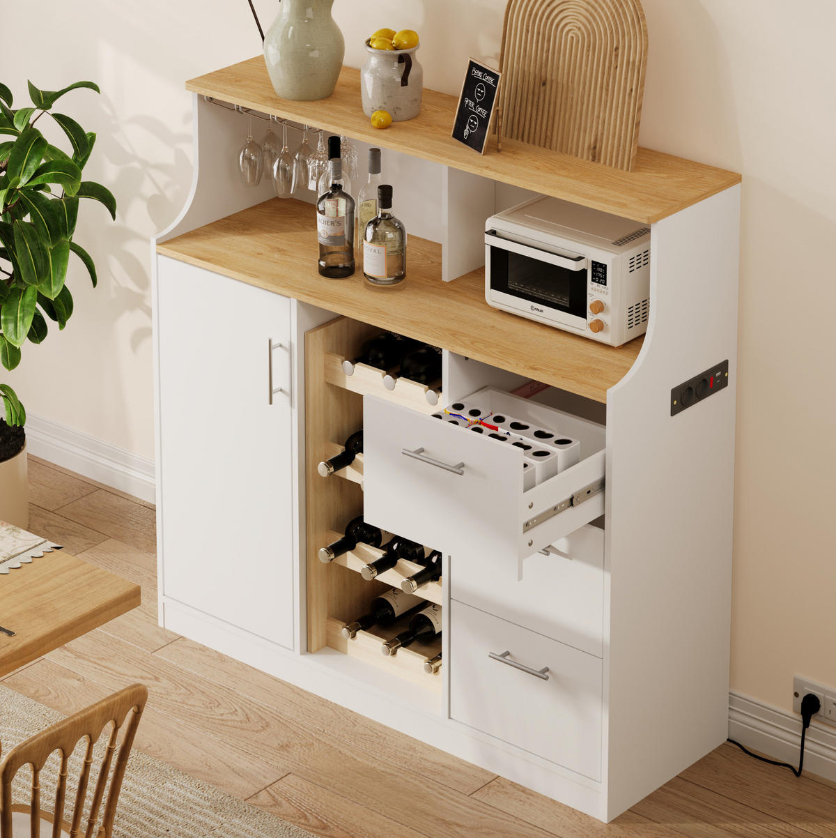 SIDEBOARD 120/40/121 cm Weiß/Natur aus Holzwerkstoff mit LED, Steckdose und Weinregal - Weiß, Holzwerkstoff (40/121/120cm) - OKMYHOME