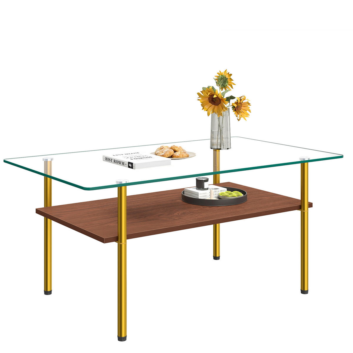COUCHTISCH DE-37418 rechteckig mit Glasplatte Gold/Braun - Goldfarben/Braun, Metall (98/58/45cm) - ComfortXL