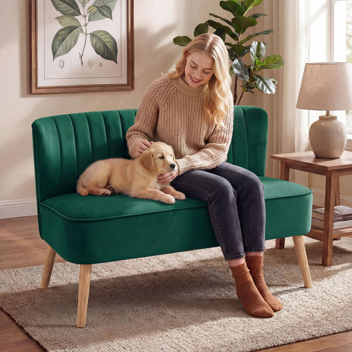 SOFA 2-Sitzer Couch Stoffsofa Sitzmöbel Polstersofa Loungesofa breit Dunkelgrün - Dunkelgrün/Naturfarben, Holz/Textil (56.5/77/117cm) - HOMCOM