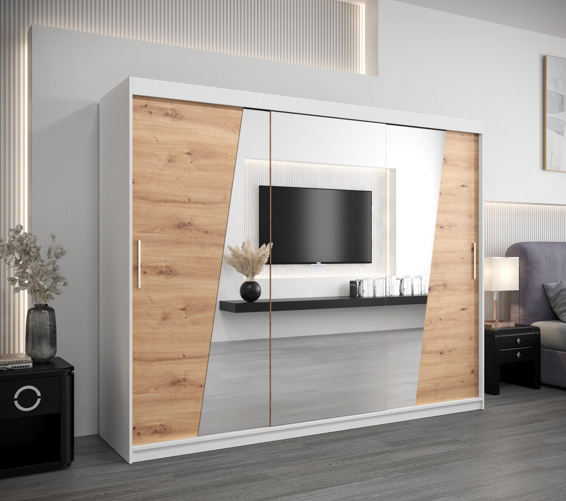 SCHWEBETÜRENSCHRANK 200/250/62 3-türig - Silberfarben/Eiche Artisan, Holz/Kunststoff (250/200/62cm) - Abiks Möbel