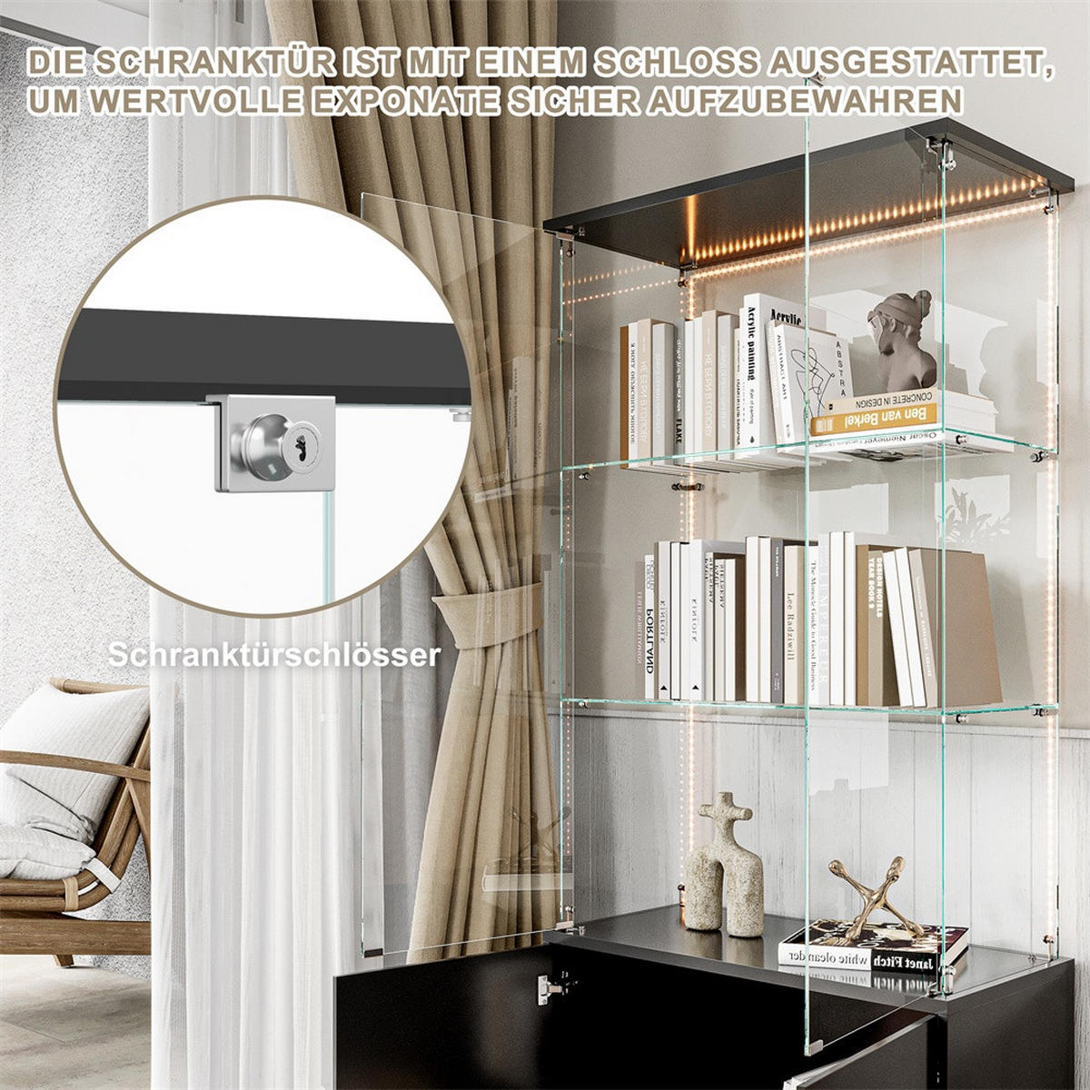 VITRINE - Glasvitrine mit Cabinet-Unterbau - 4 Türen und 3 Ebenen - LED-Lichtband-Beleuchtung - Schwarz - Schwarz, Glas (78.51/164/35cm) - DELFA