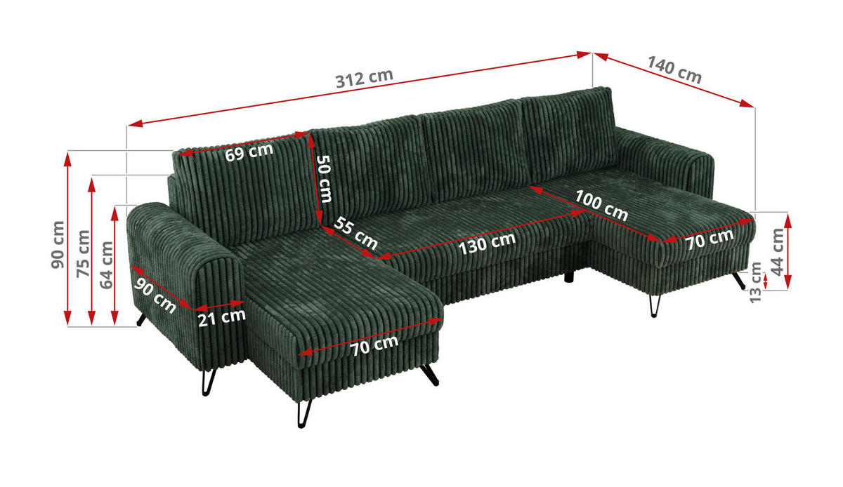 WOHNLANDSCHAFT AXEL U Cord Grün - Schwarz/Grün, Textil/Metall (312/90/140cm) - MKS