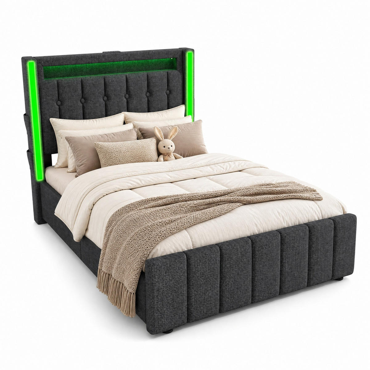 ČALOUNĚNÁ POSTEL 90/200 cm v šedé barvě s matrací, LED, USB-C a 2 zásuvkami - šedá, kov/kompozitní dřevo (90/200cm) - CHICFURN