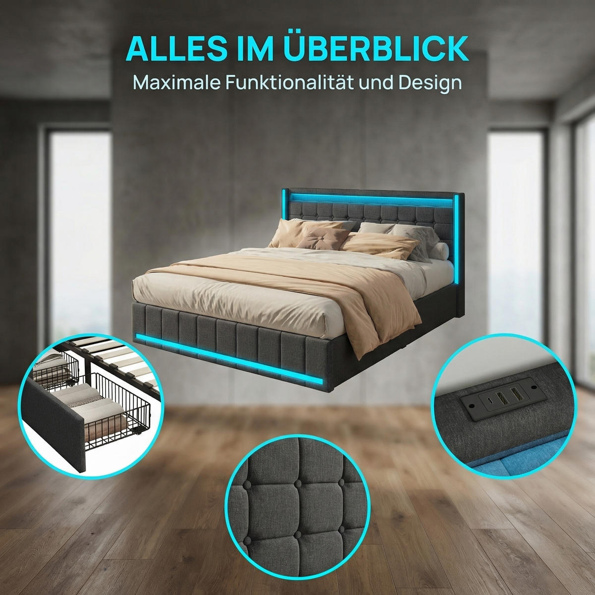DOPPELBETT 140x200 cm mit 4 Schubladen und Ladefunktion – Polsterbett in Grau - Grau, Holz/Metall (140/200cm) - PARAFTA HOME