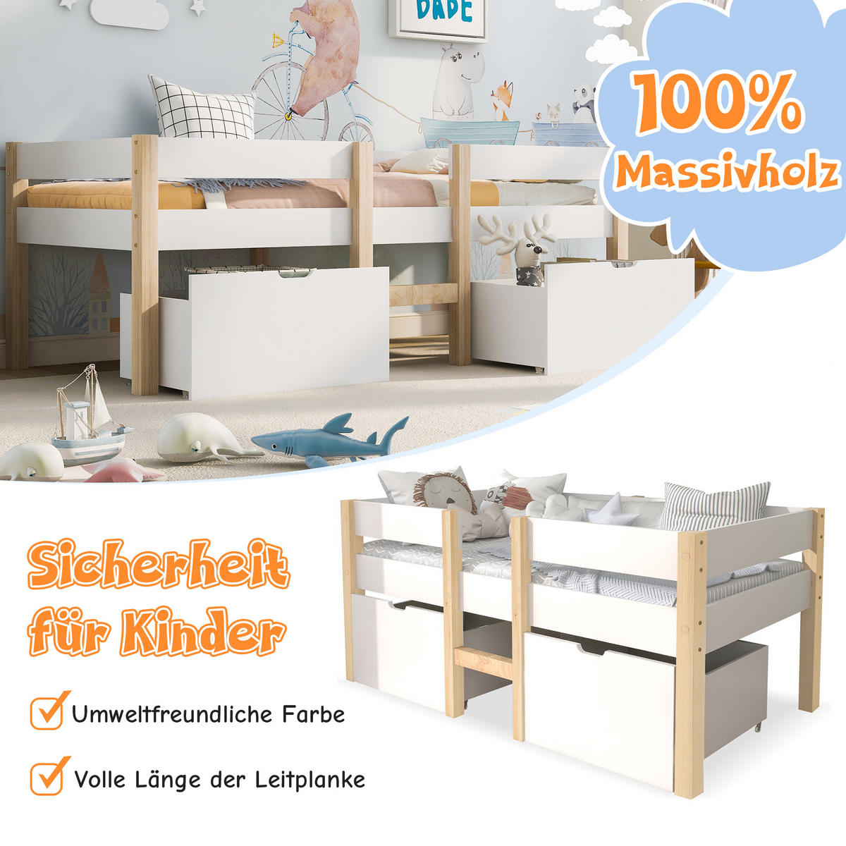 HOCHBETT 90/200 cm in Weiß Kinderbett mit 2 Schubladen und Rausfallschutz - Weiß/Naturfarben, Holzwerkstoff (90/200cm) - STILVORA