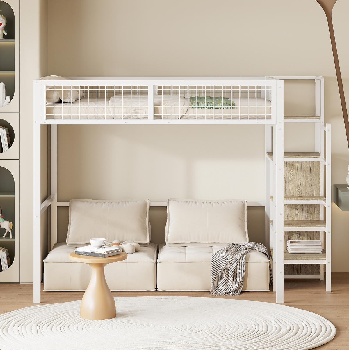 VYVÝŠENÁ posteľ 140/200 cm kov/MDF biela, s rebríkom a šatníkom - biela, kov (140/200cm) - BEAOK