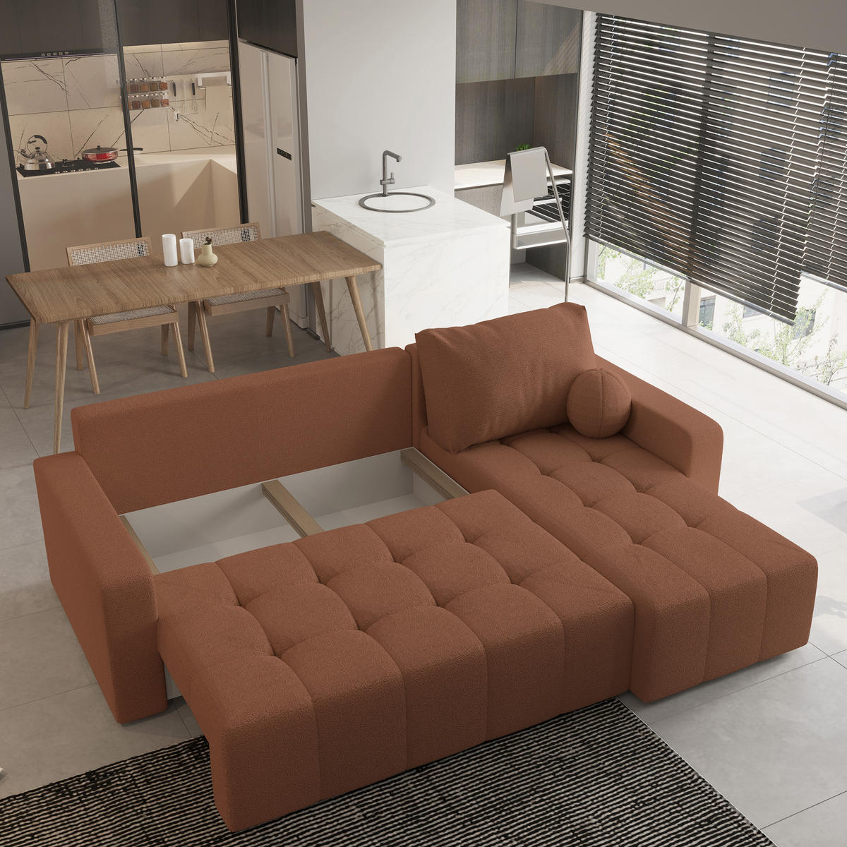 ECKSOFA VOLIRA Kupferfarben Boucle-Stoff mit Schlaffunktion - Kupferfarben, Holz (230/143cm) - MASSENO