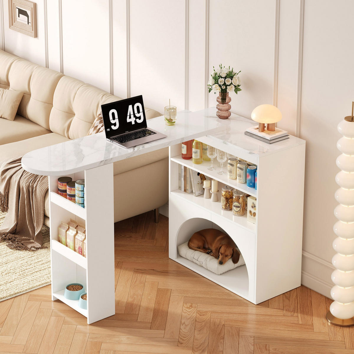BARTISCH 120/40/100 cm weiß in Marmoroptik mit Haustierbereich - Weiß, Holzwerkstoff (120/40/100cm) - OKWISH