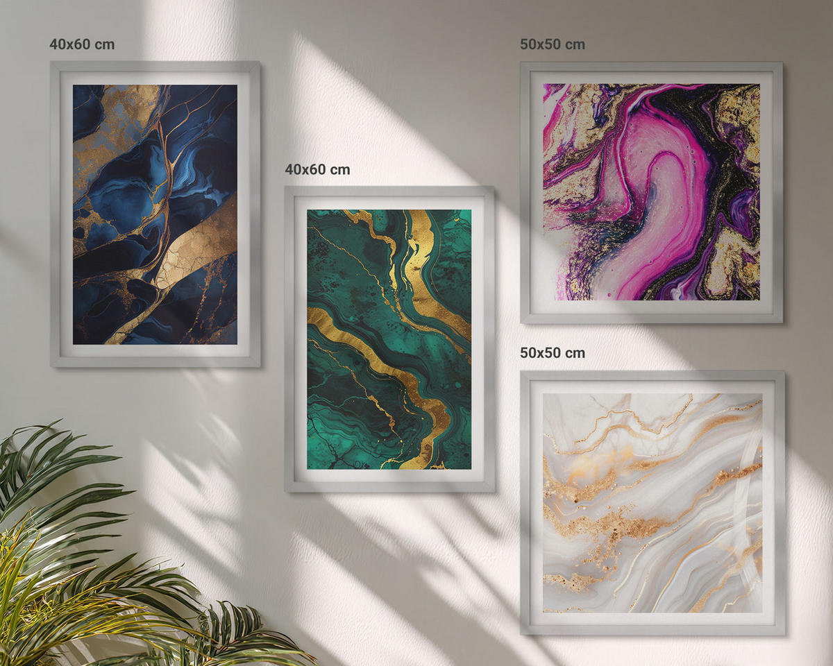 WANDBILDER 4er Set - 50x50 cm & 40x60 cm Silberner Rahmen - Abstrakter Marmor mit Farben - Silberfarben, Kunststoff (50/50cm) - ArtPrintCave