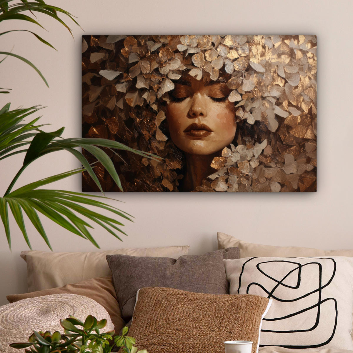 LEINWANDBILD Gesicht - Dame - Blätter - Pinselstriche Wanddeko 90x60 cm - Goldfarben, Textil (90/60cm) - MuchoWow