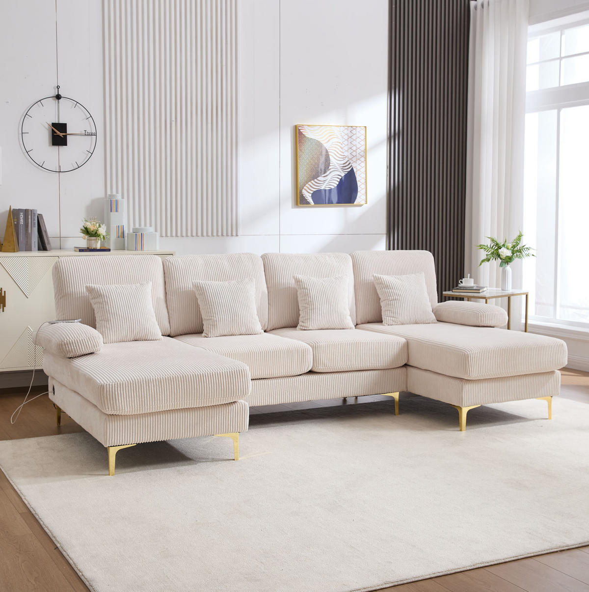 WOHNLANDSCHAFT 265/135/88 cm in Beige mit LED-Beleuchtung und USB-Anschluss - Beige, Textil (135/88/265cm) - Flora Grace