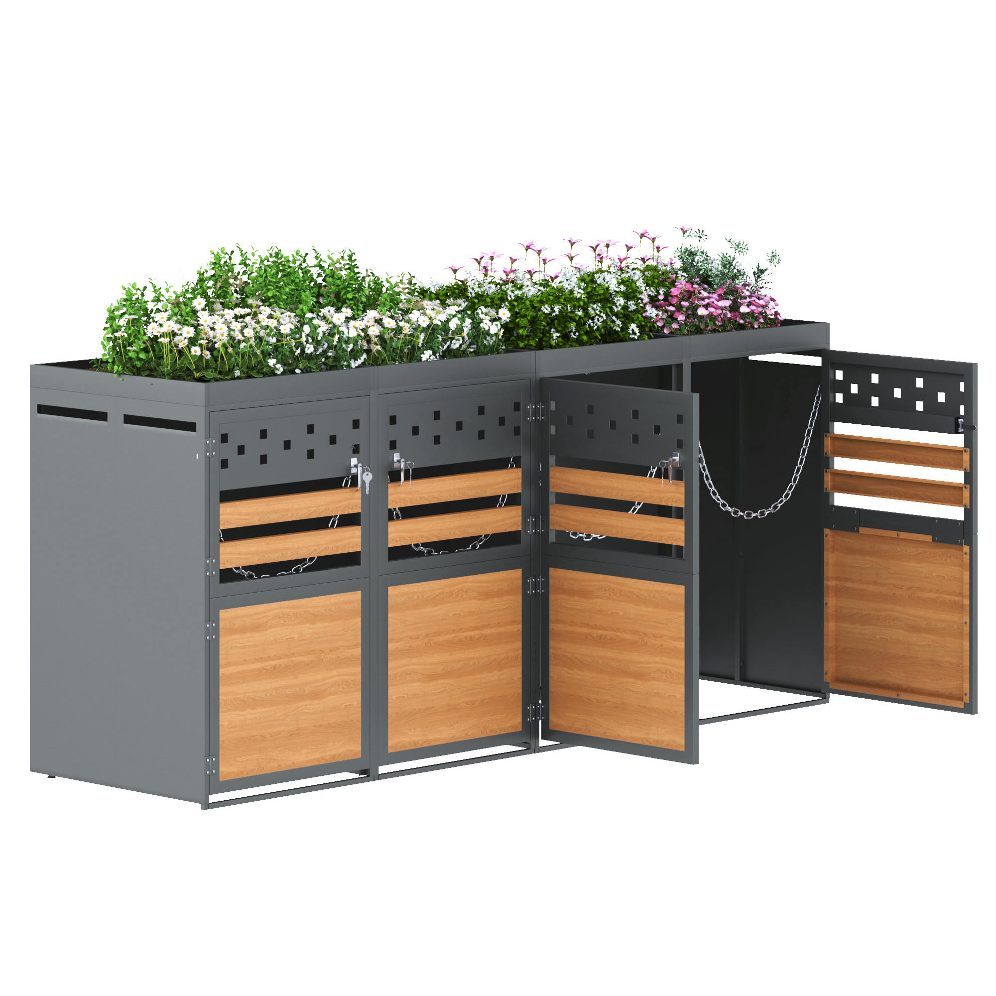 MÜLLTONNENBOX 4er Anthrazit Holzoptik Pflanzdach 120-240L - Multicolor, Metall (80/125/264cm) - FLIEKS