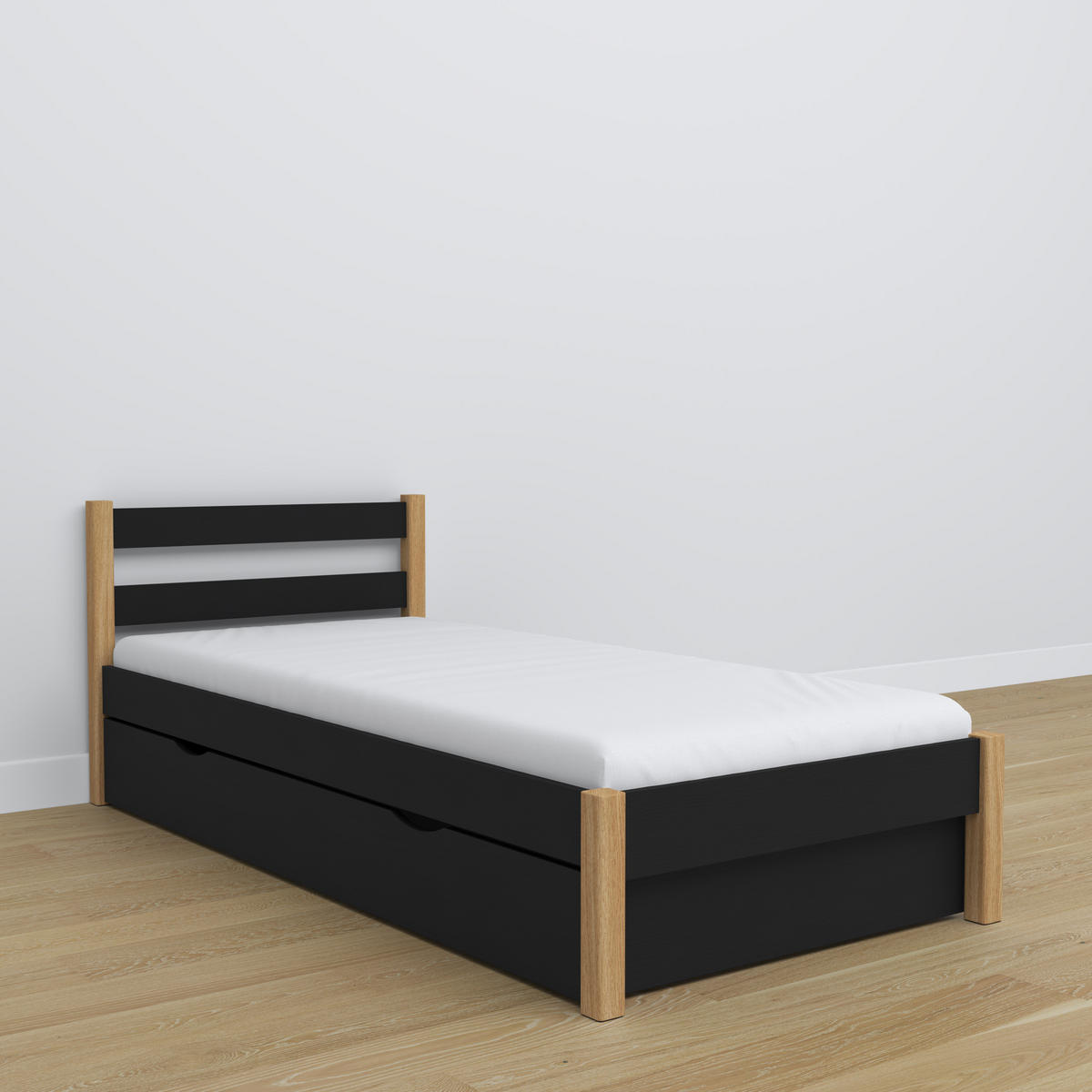 BETT mit Schublade N01 Schwarz / Eiche Natur 120/190 - Schwarz/Eiche Artisan, Naturmaterialien/Holz (120/190cm) - N-Wood