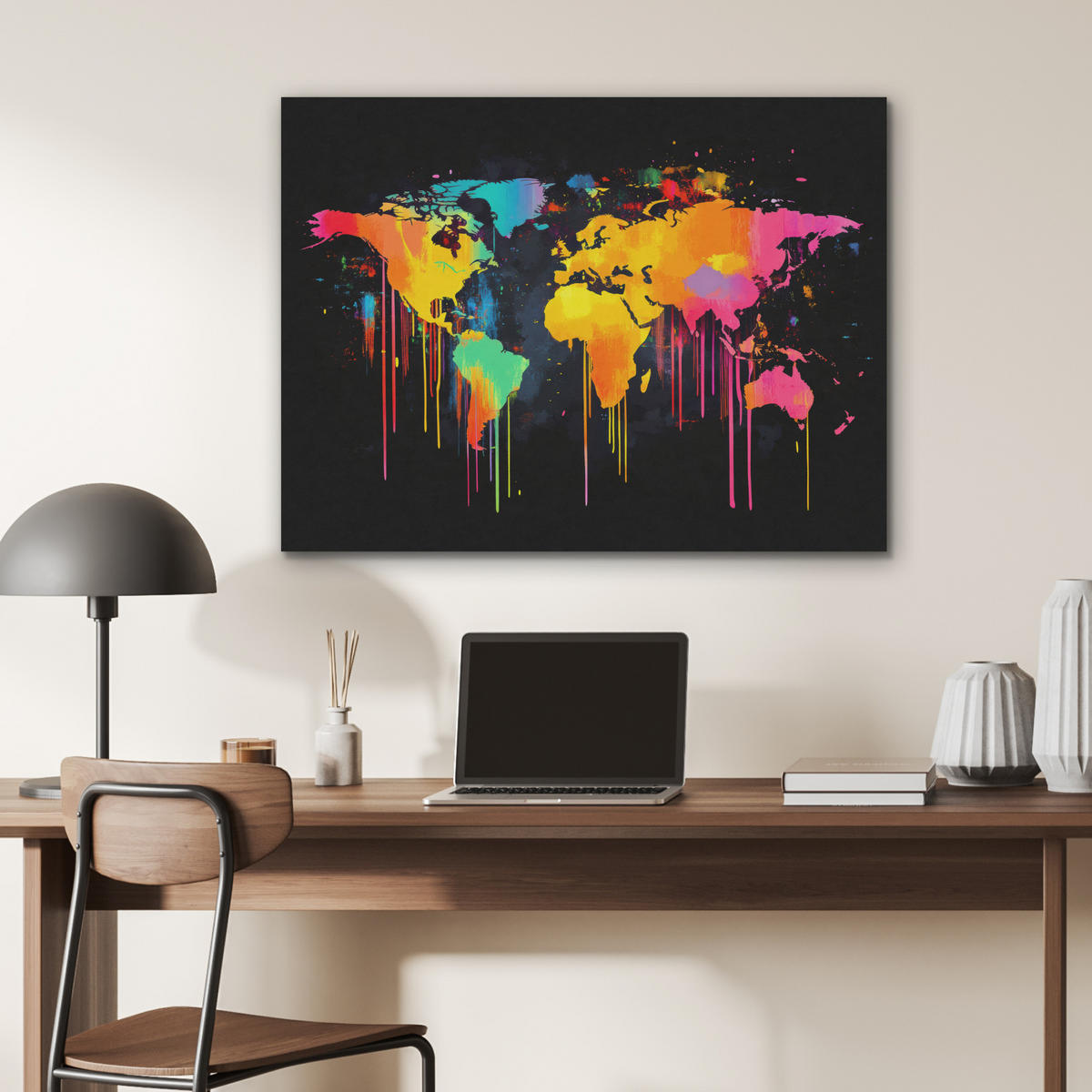 AKUSTIKBILD Weltkarte - Farbe - Bunt - Graffiti - Welt Gemälde 80x60 cm - Multicolor, Textil (80/60/0.9cm) - MuchoWow