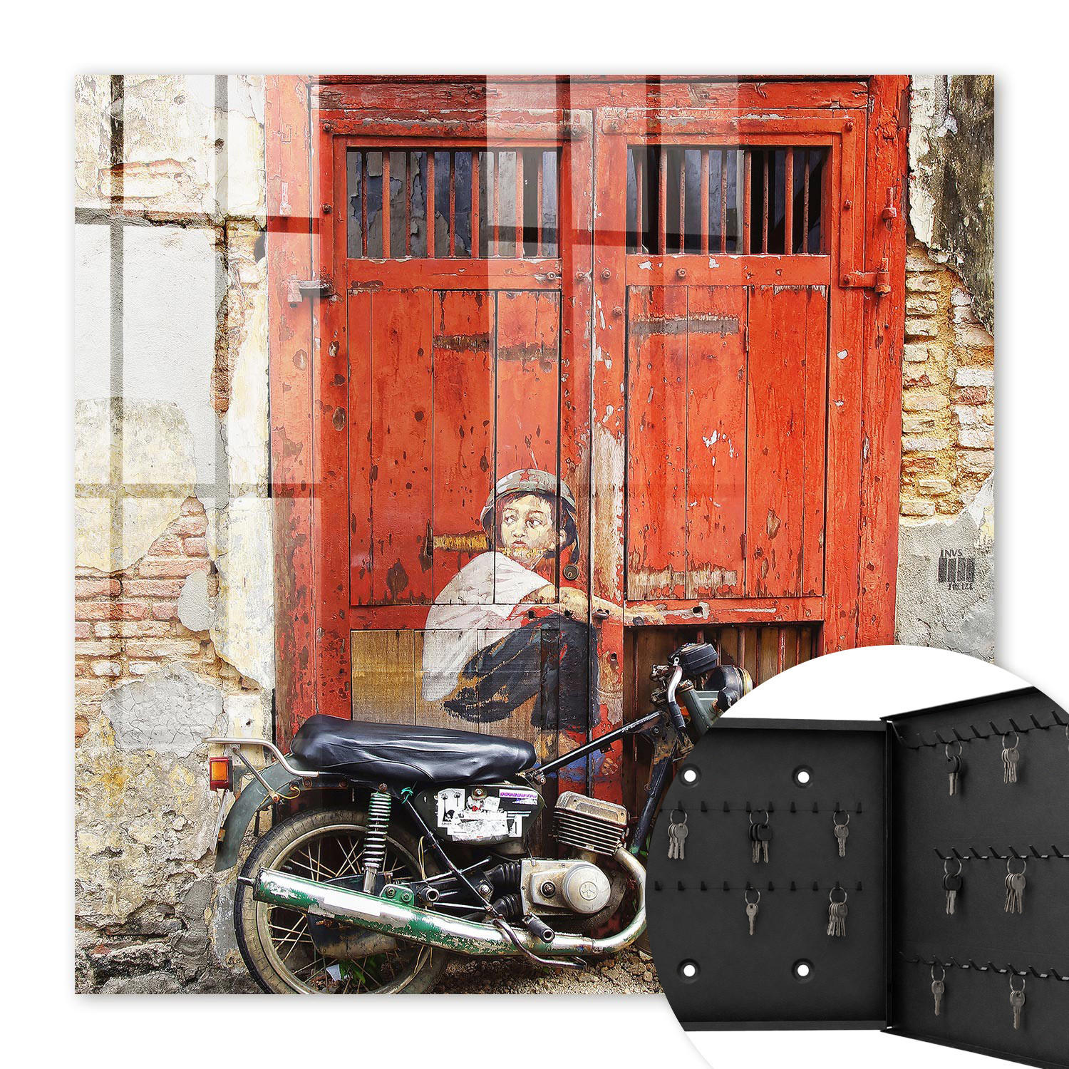 SCHLÜSSELBOX Schwarz 30x30 cm- Türöffnung nach rechts - Straßenkunst - Rot, Metall (30/30/5cm) - TULUP