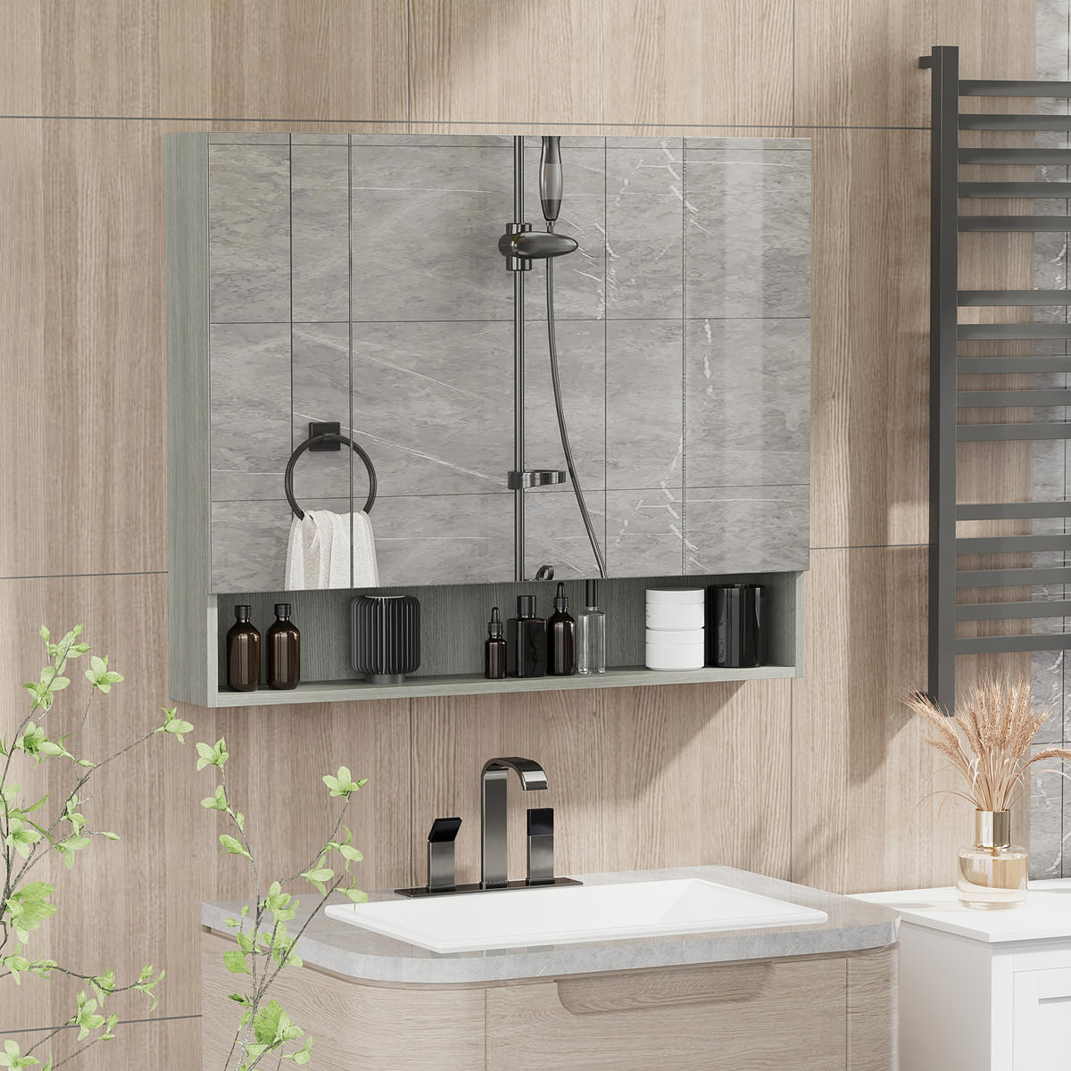 SPIEGELSCHRANK, 3-türiger Spiegelschrank, verstellbare Einlegeböden, 90 x 15 x 75 cm ,grau - Grau, Glas (90/75/15cm) - Vallsero