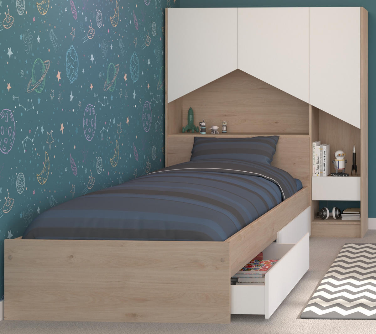 JUGENDBETT 90 x 200, Set mit Stauraumbett und Schrank - Eichefarben/Weiß, Holz/Holzwerkstoff (90/200cm) - Parisot Meuble