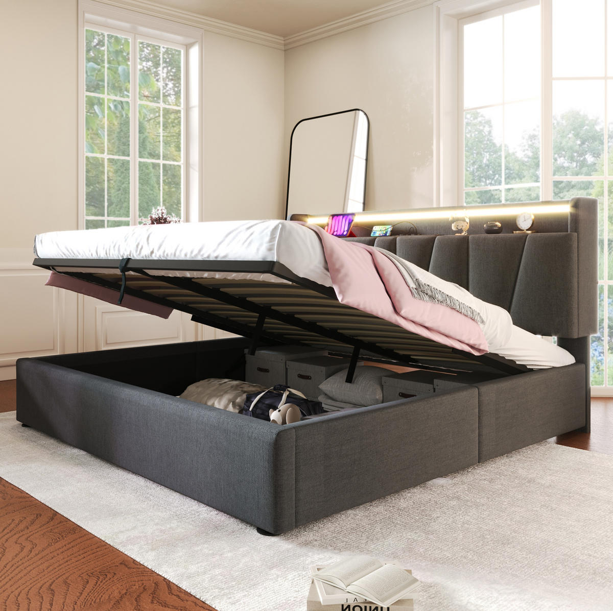 POLSTERBETT 140/200 cm mit Matratze, LED-Beleuchtung, USB, Type-C, Steckdosen und Bettkasten, Grau - Grau, Textil (140/140cm) - Redom
