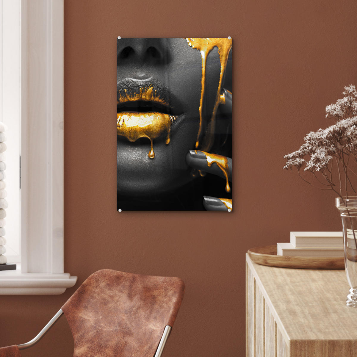 ACRYLGLASBILD Frau - Schwarz - Gold - Gesicht - Lippen 40x60 cm - Goldfarben, Glas (40/60cm) - MuchoWow