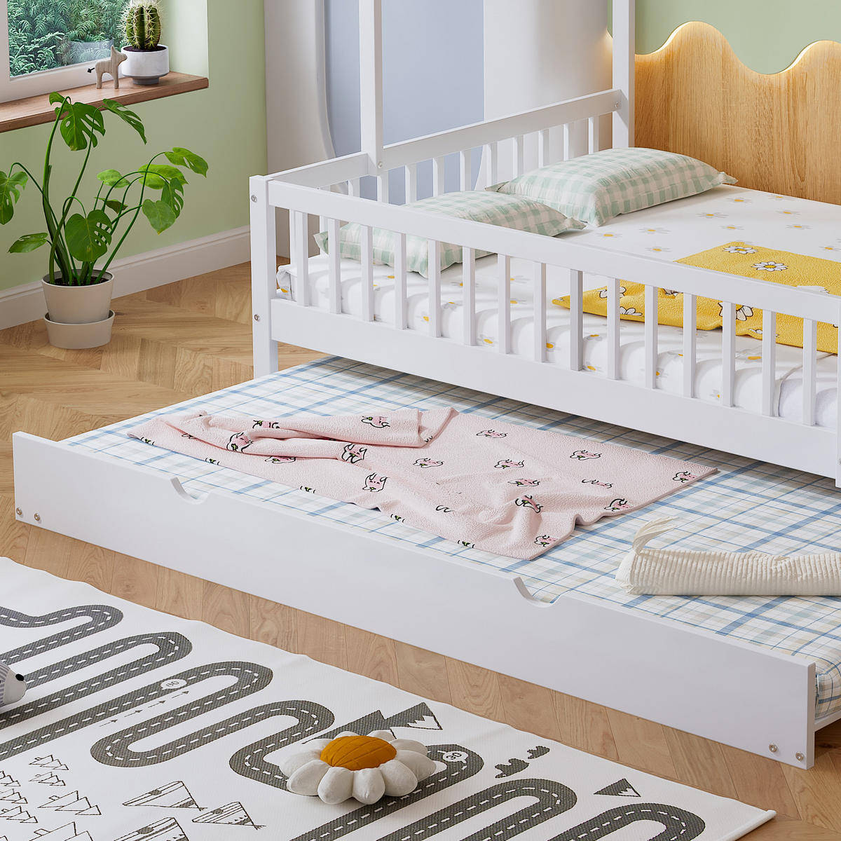 HAUSBETT 120/200 cm und 120/190 cm Weiß mit Rollbett und Dach mit Kaminleiste aus Kiefer+MDF - Weiß, Holzwerkstoff (120/200cm) - OKWISH