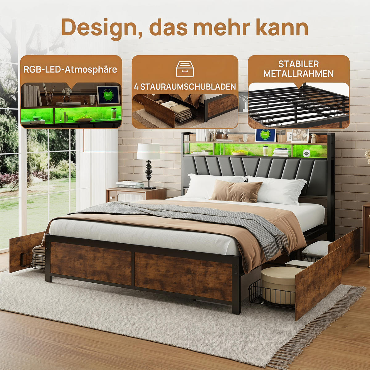 DOPPELBETT 180/200 cm mit Schubladen LED-Beleuchtun und USB - Braun, Holz (180/200cm) - PARAFTA HOME