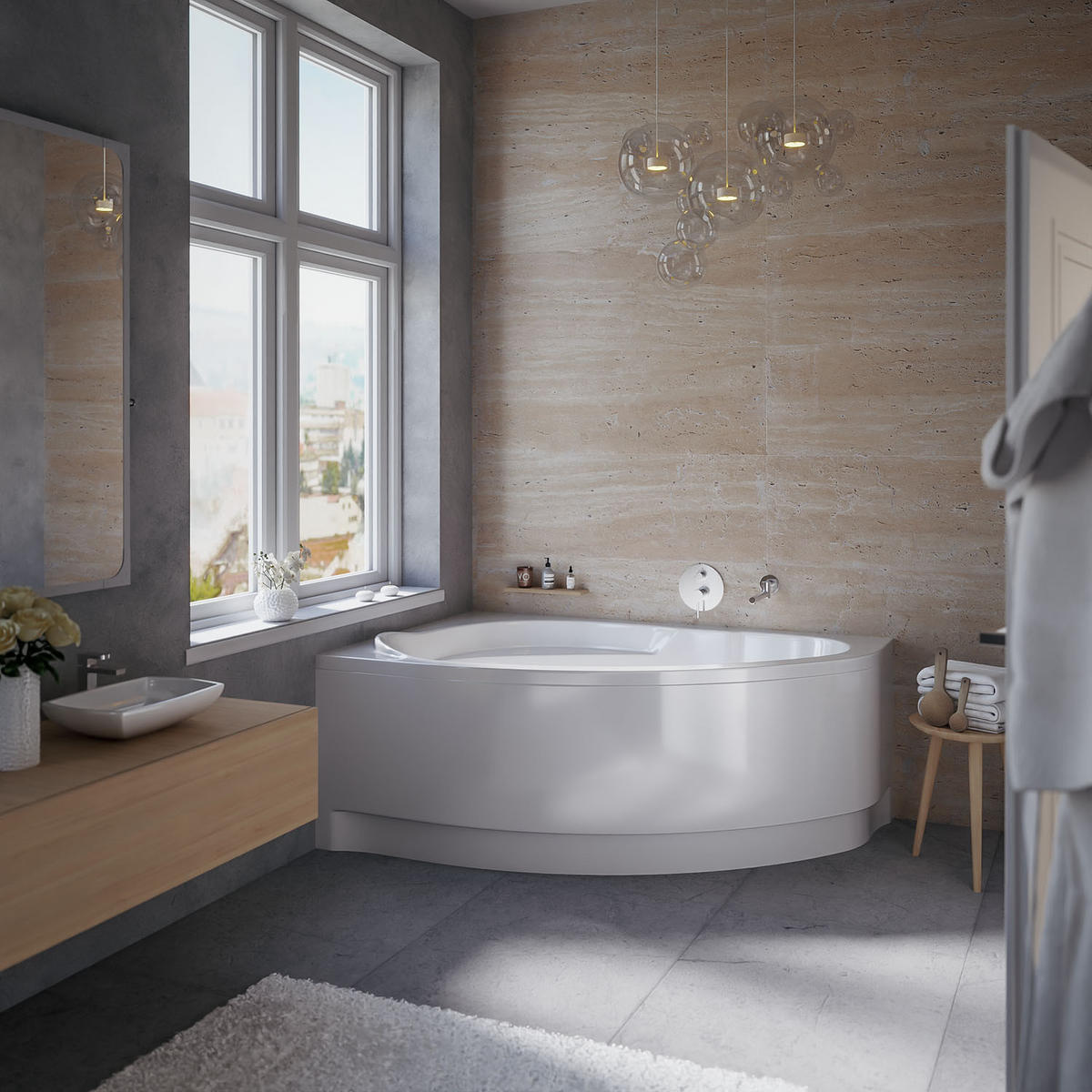 BADEWANNE Eckwanne MAREA 150/100 Links mit Schürze Ablauf Füße - Weiß, Kunststoff (100/57.5/150cm) - bad land