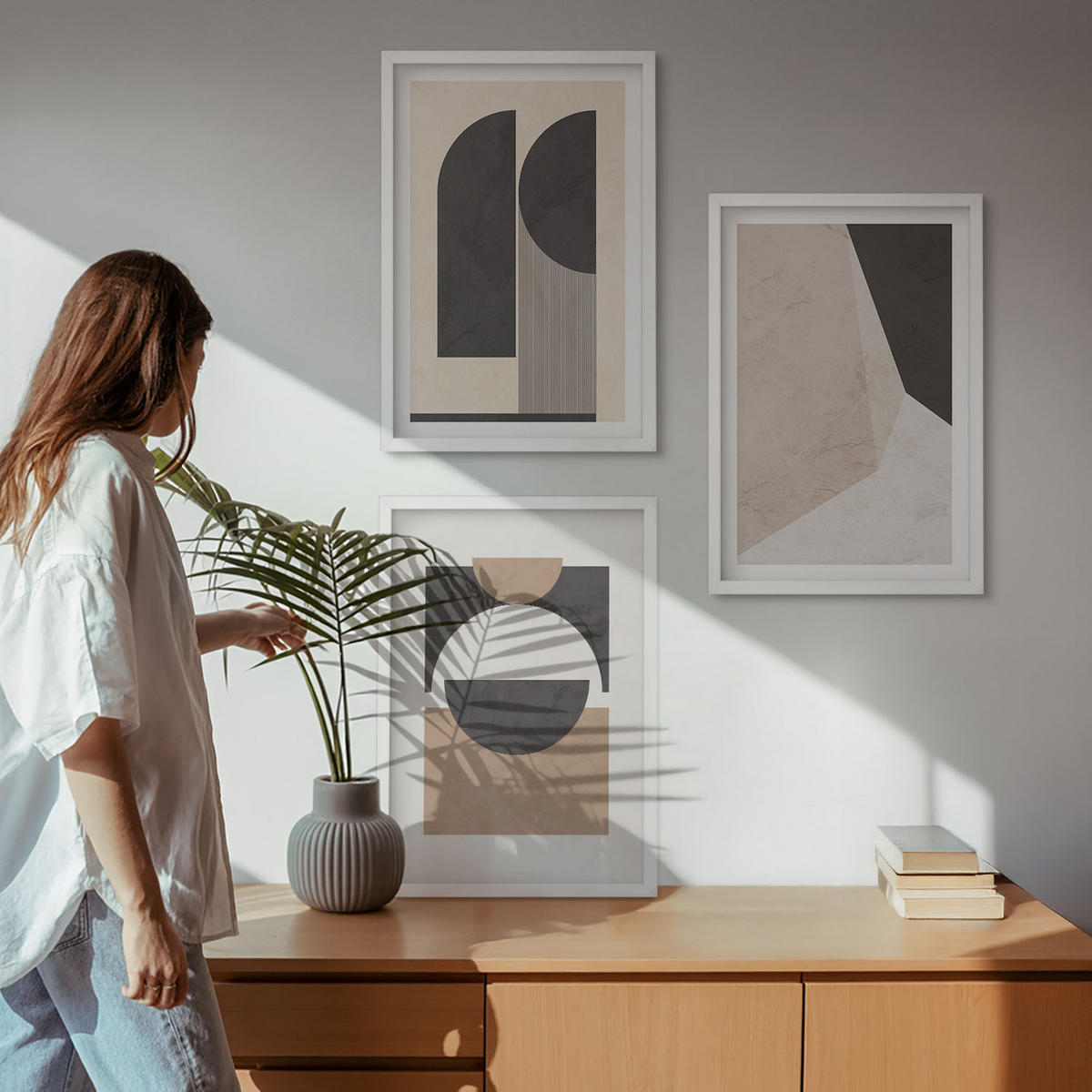 BILDER SET 3er Set - 40x60 cm Weißer Rahmen - Abstrakte Formen beige braun - Weiß, Kunststoff (40/60cm) - TULUP