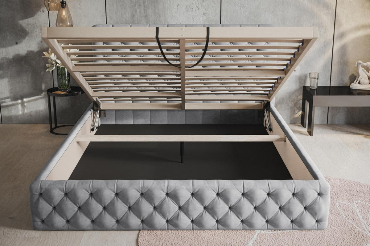 BETT 120x200 - Polsterbett mit Bettkasten und Holzrahmen - Elegant Betten - Weicher Jasminstoff - Kollektion Miami, Grau - AlpiMeble - Grau, Holz/Kunststoff (120/200cm) - Alpi-Möbel