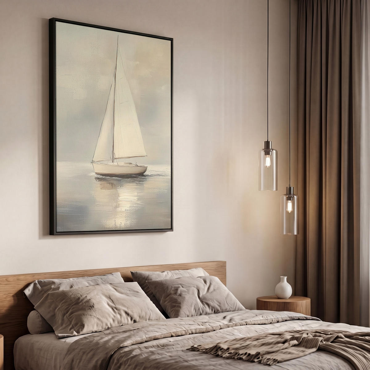 LEINWAND Bilder mit Rahmen - Segelschiff - Meer - Bewölkt - 60x90 - Creme, Textil (60/90cm) - MuchoWow