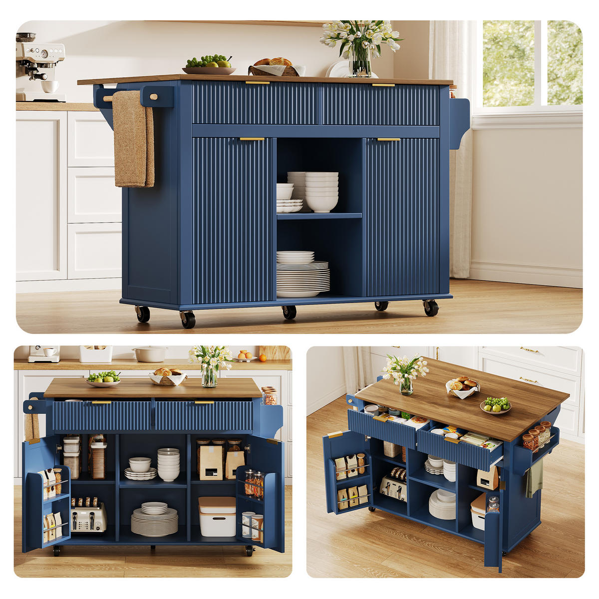 KÜCHENINSEL 89,5 cm MDF Blau Braun mit Klappbarer Arbeitsplatte und Gewürzregal - Dunkelblau, Holzwerkstoff (45/89.5/143cm) - Korfee