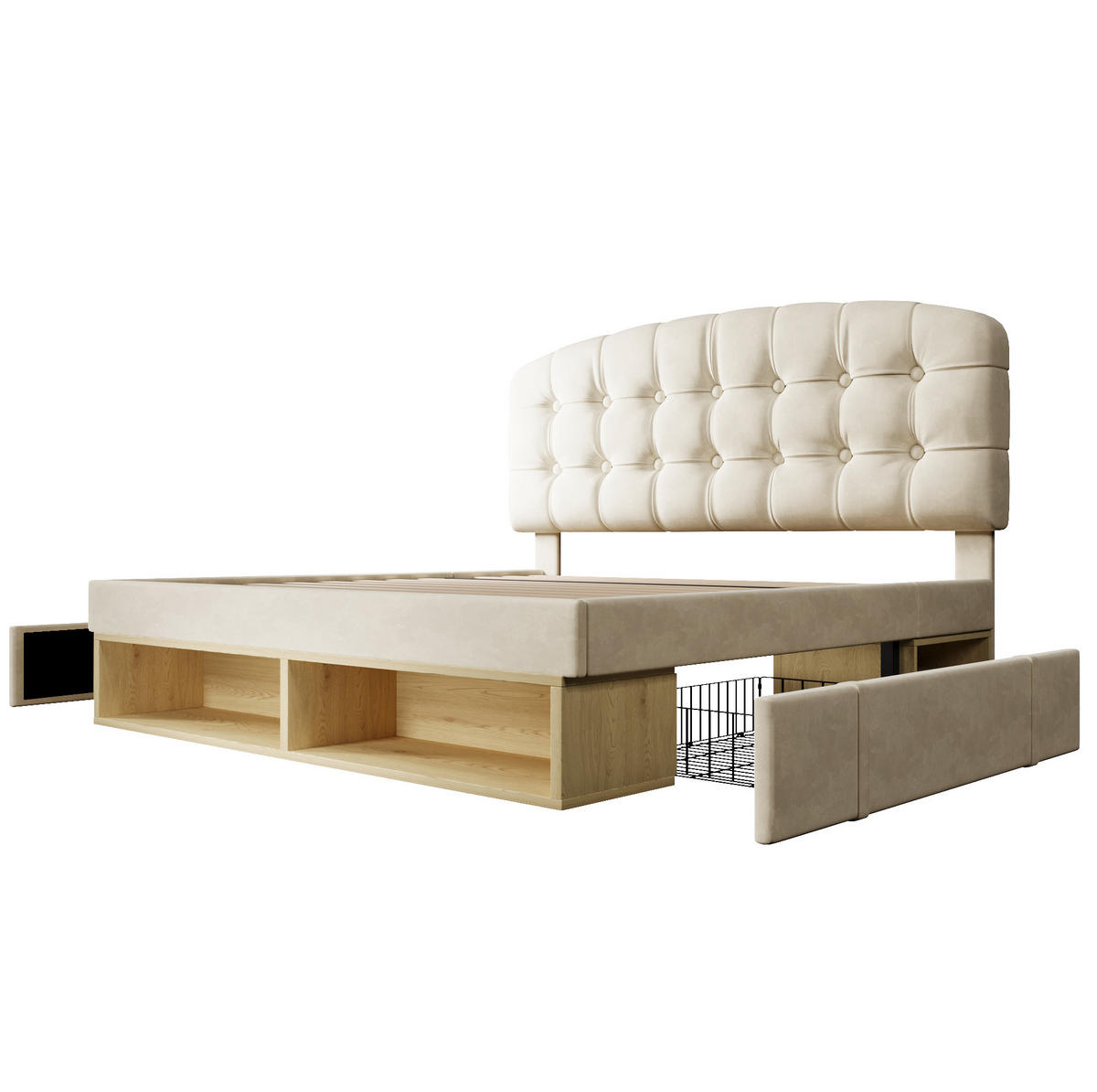POLSTERBETT 140/200 cm Beige aus Samt mit Stauraum und Lattenrost - Beige, Textil (140/200cm) - OKWISH