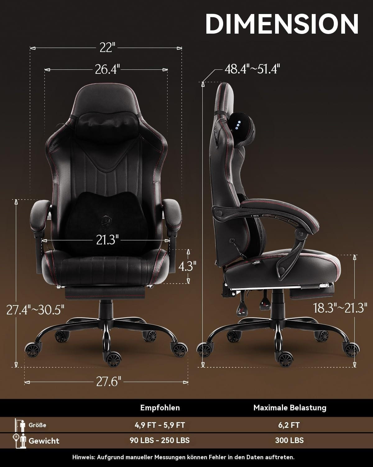 GAMING Stuhl mit Massagefunktion & Lendenwirbelstütze & Nackenstütze - Schwarz, Leder (56/123/70cm)