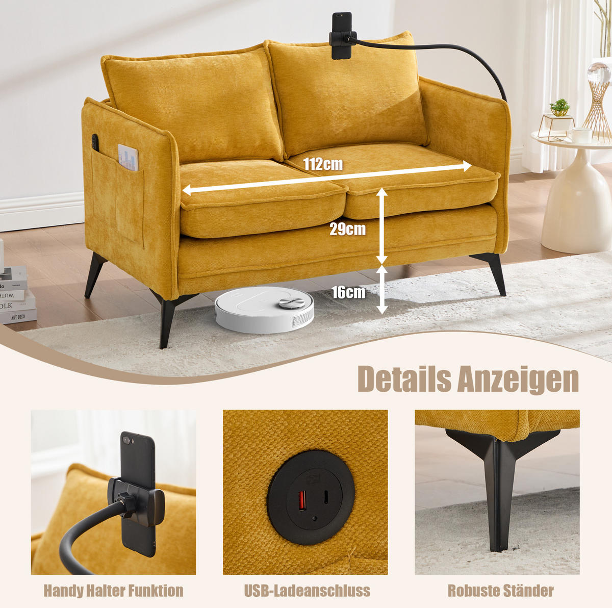 2-SITZER Sofa Chenille mit Handyhalterung und Ablagefächern 127/69/66 cm Gelb - Gelb, Textil (66/127/69cm) - Redom