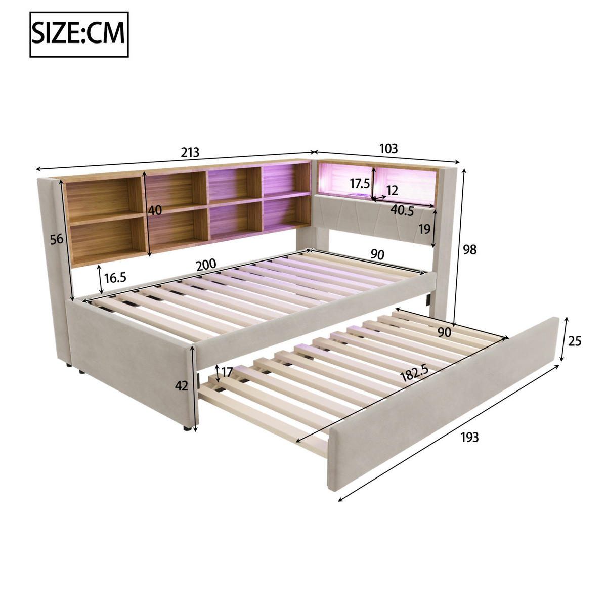 SCHLAFSOFA 90/200 cm mit Ausziehbett, LED, USB- und Type-C-Anschluss, Flanell, Hellgrau - Hellgrau, Textil (103/98/213cm) - Redom