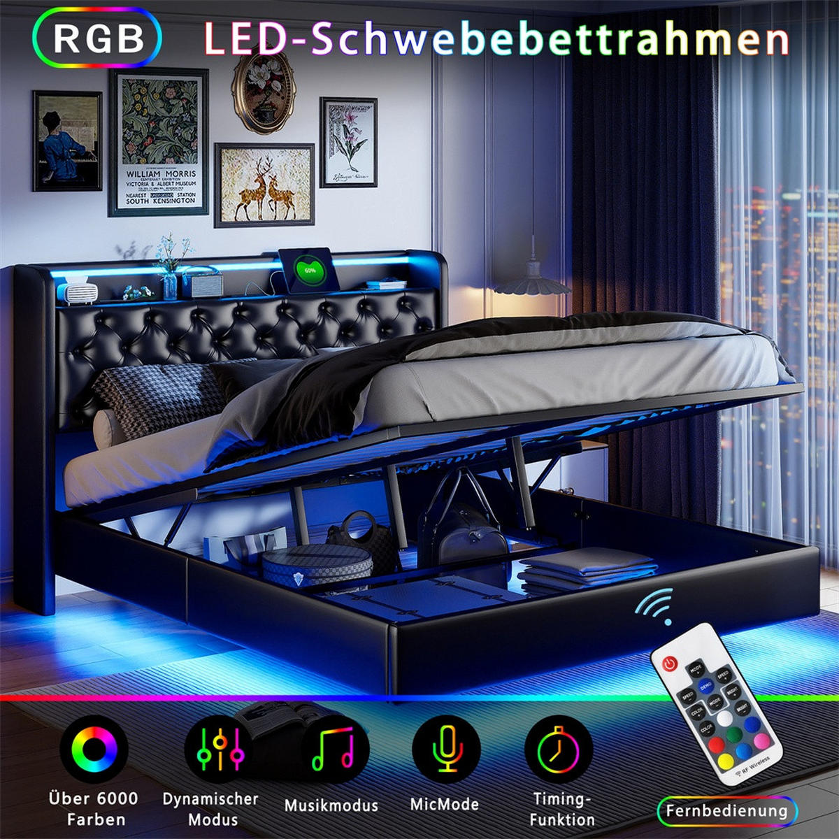 POLSTERBETT 140x200 cm mit LED-Beleuchtung - USB-Anschluss - Kopfteil-Stauraum und hydraulischem Stauraum - Schwarz - Schwarz, Textil (140/200cm) - DELFA