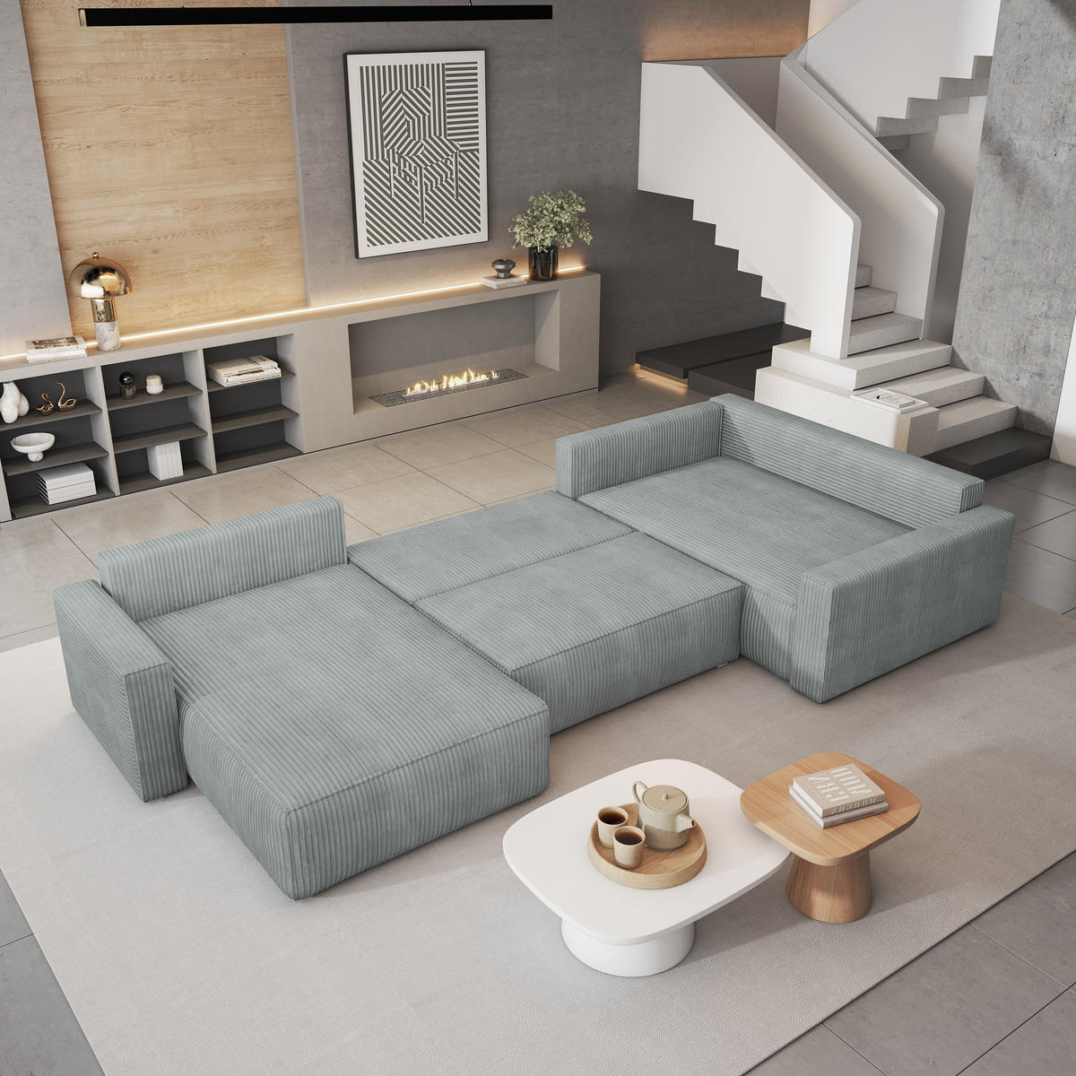 WOHNLANDSCHAFT VELAMI R-S Hellgrau Kordstoff mit Schlaffunktion - Hellgrau, Holz (365/83/194cm) - MASSENO