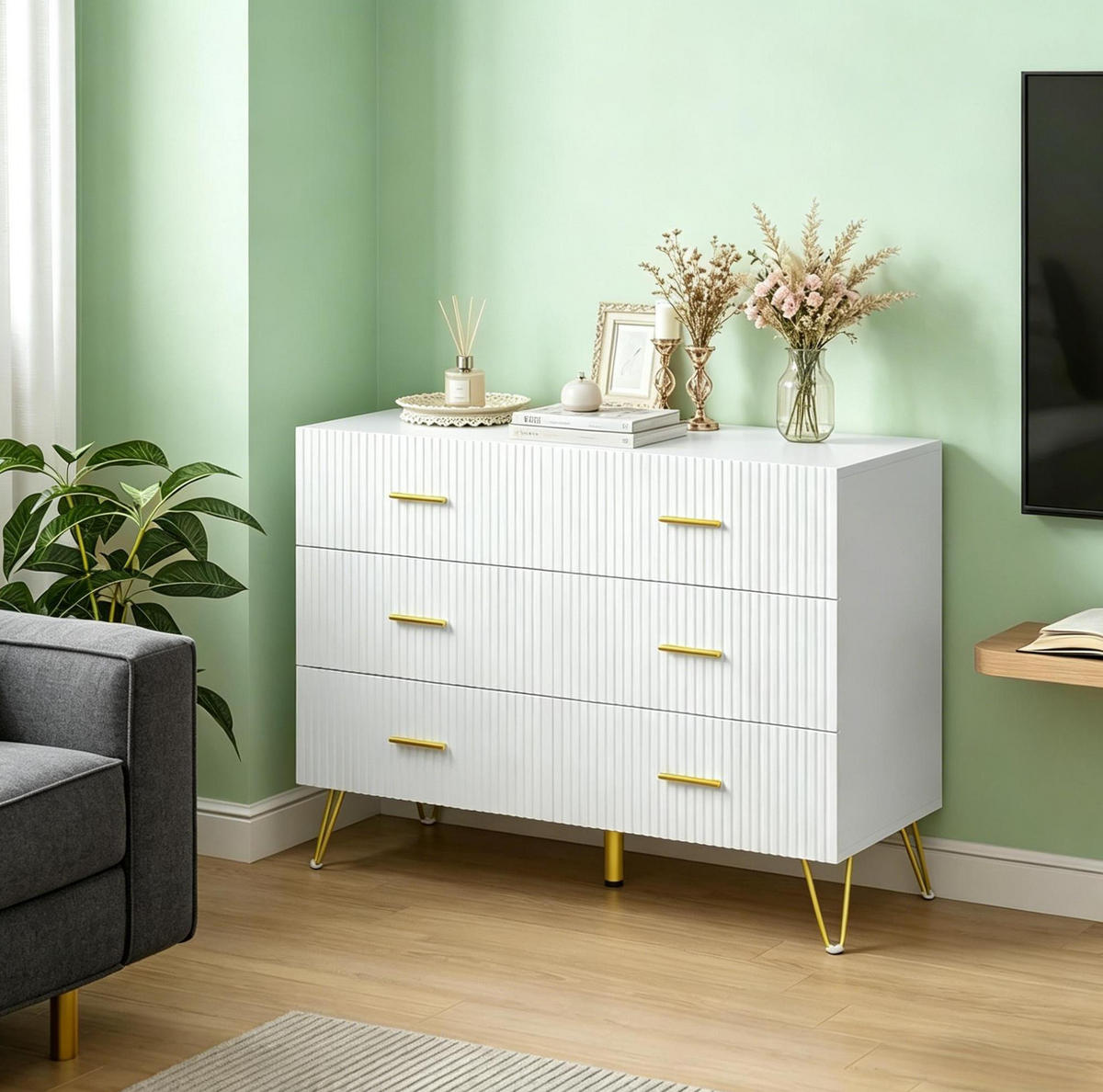 KOMMODE in Weiß und Gold 100x40x75 cm mit 6 Schubladen - Weiß, Holzwerkstoff (40/75/100cm) - IVMEU
