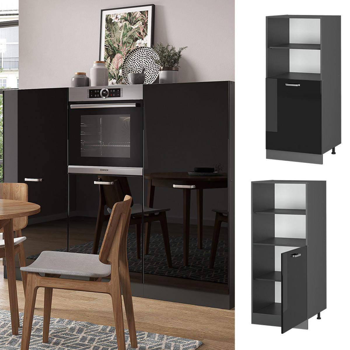 HERDUMBAUSCHRANK R-Line Schwarz Hochglanz 60 cm - Schwarz Hochglanz/Anthrazit, Holzwerkstoff (60/143/57cm) - Vicco