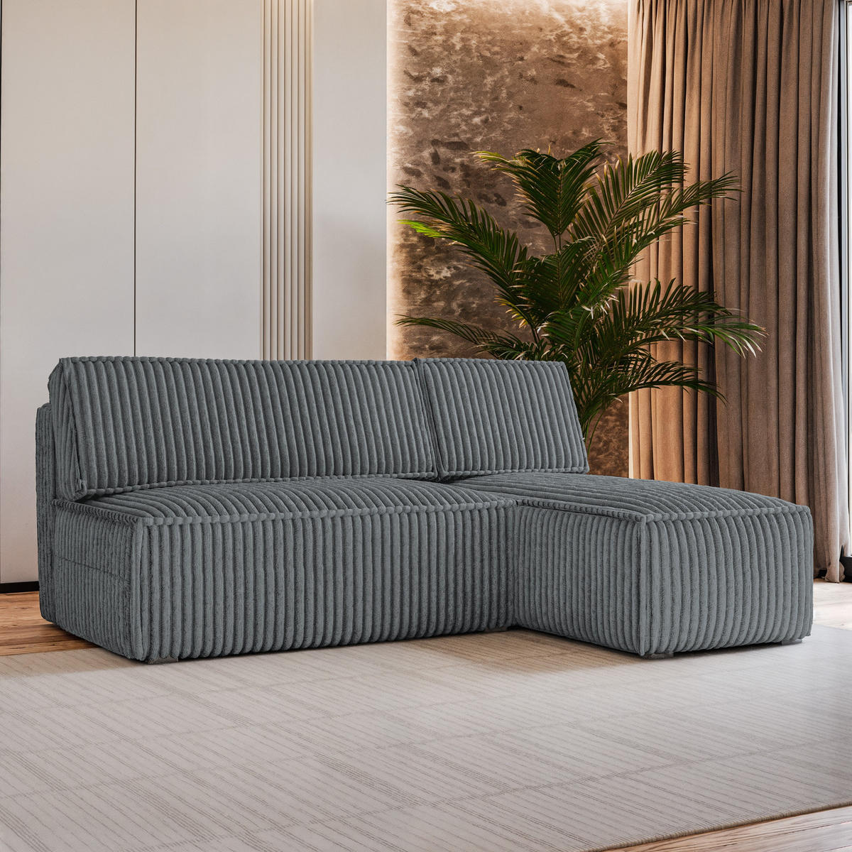 ECKSOFA BRISO T Grau Kordstoff mit Schlaffunktion - Dunkelgrau, Holz (200/140cm) - MASSENO