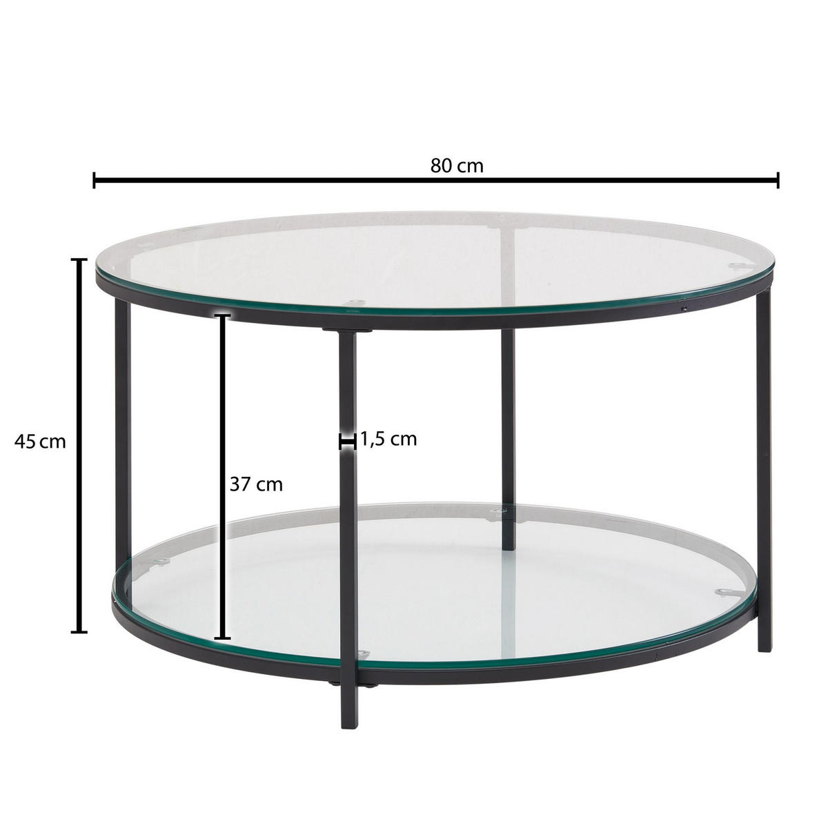 COUCHTISCH Glas-Metall Mix mit zwei Ablagen in Marmoroptik, Transparent 80x80x45 cm - Transparent/Schwarz, Metall (80/80/45cm) - KADIMA DESIGN