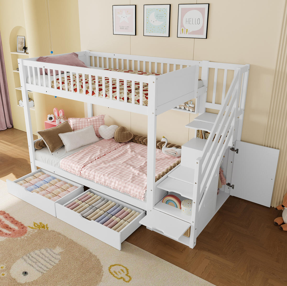 ETAGENBETT 90/200 cm Weiß mit Kleiderschrank und Stauraumtreppe - Weiß, Holz (90/200cm) - Flora Grace