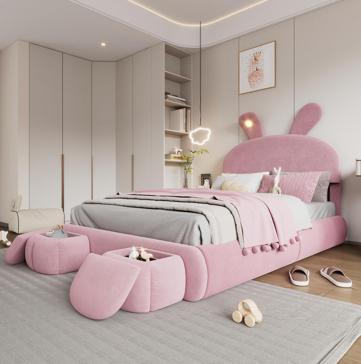 POLSTERBETT aus Samt 140x200 cm Rosa mit LED-Beleuchtung, hydraulischem Stauraum und 2 Hockern - Rosa, Textil (140/200cm) - IVMEU