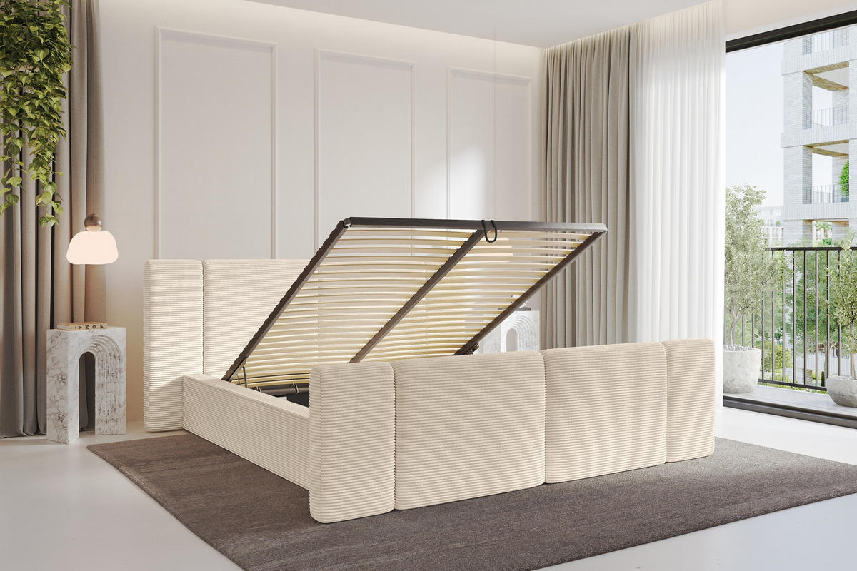 POLSTERBETT mit Bettkasten, Fußteil und Lattenrost, Boxbett ohne Matratze - RIVO-Z 120x200 Beige - Creme, Holzwerkstoff/Textil (120/200cm) - ALTDECOR