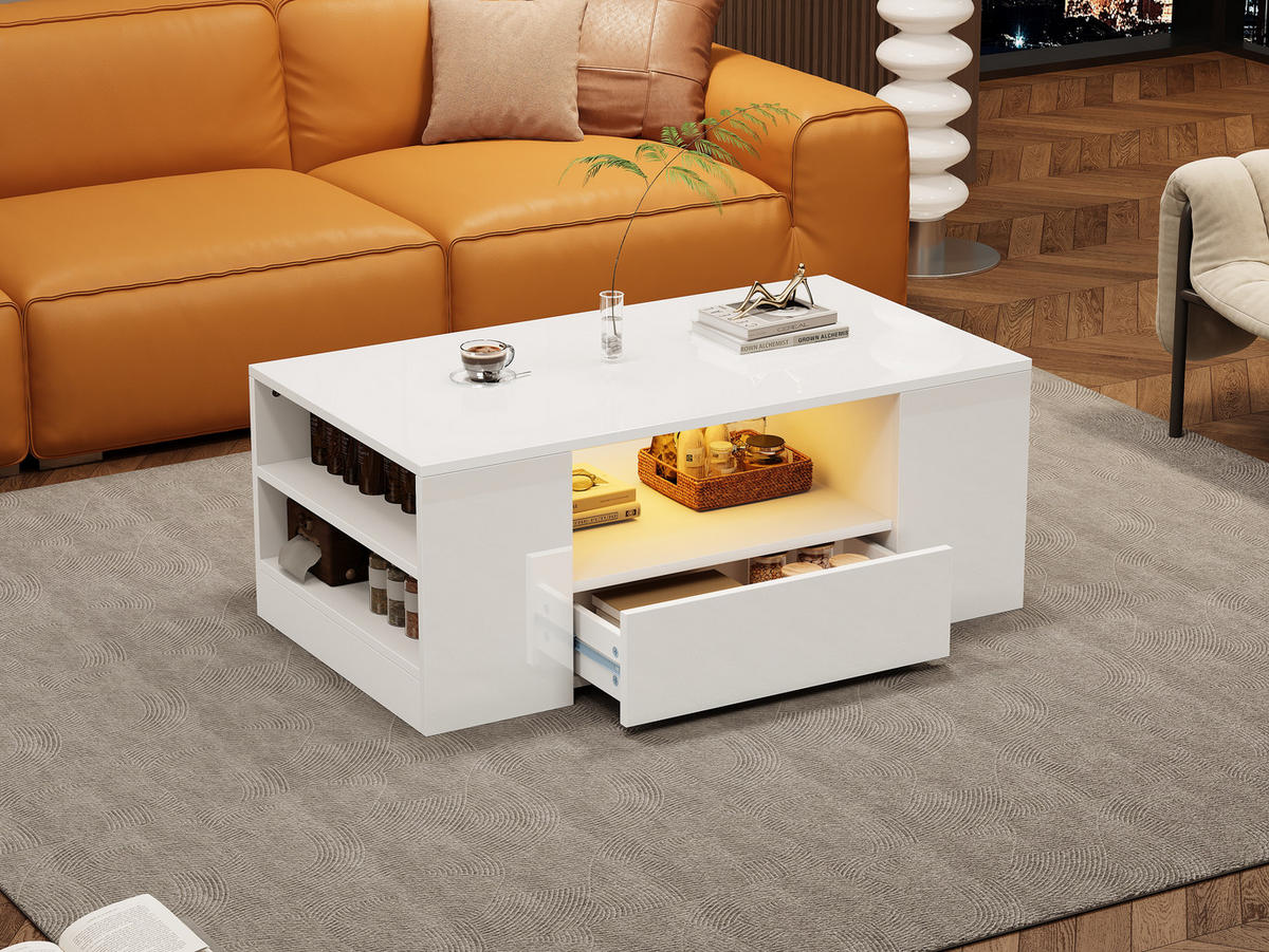 COUCHTISCH, Hochglanz Weiß, Spanplatte (PB), 2 Schubladen & 2 Regale, LED-Beleuchtung, 95/53/37 cm,Weiß - Weiß, Holzwerkstoff (95/53/37cm) - Redom