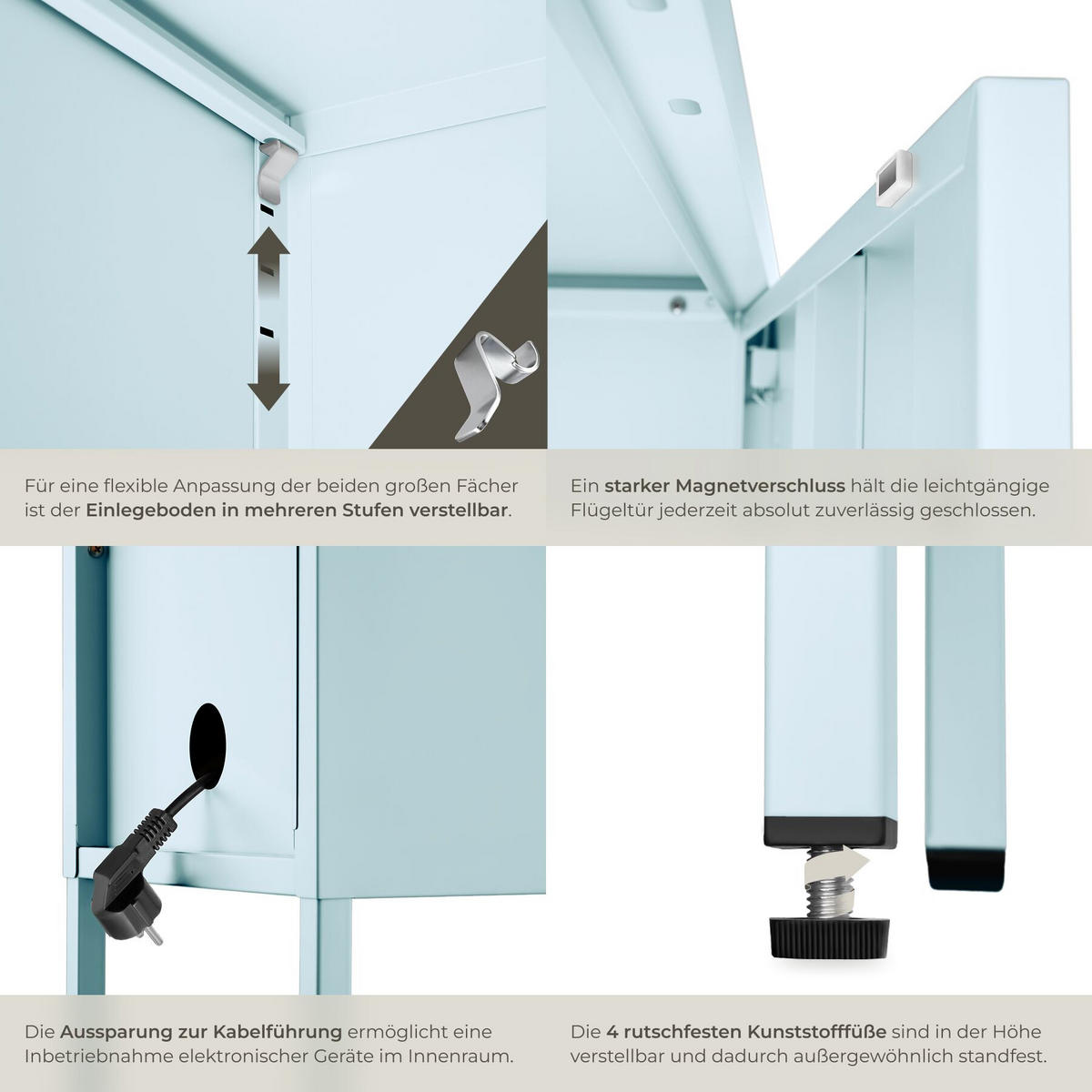 NACHTSCHRANK Baker, Kippschutz, höhenverstellbare Füße, grau/blau - Blau/Grau, Metall (35/60.5/42.5cm) - tectake