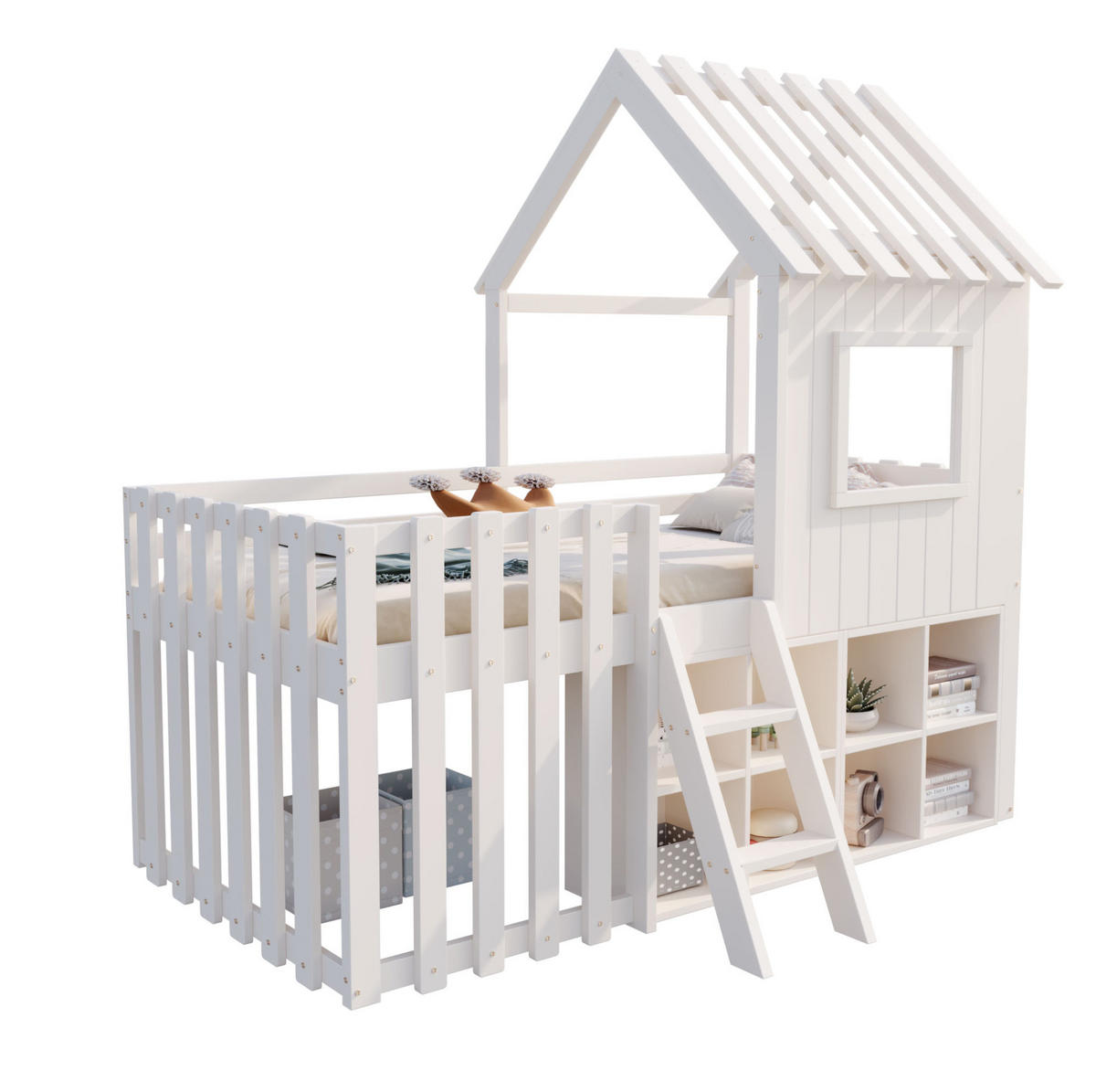 HAUSBETT 90/200 cm Weiß aus Massivholz mit Stauraum und Spielhaus-Design - Weiß, Holz (90/200cm) - Flora Grace