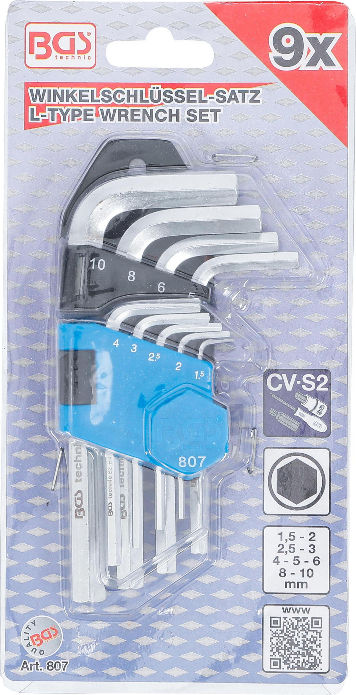 WINKELSCHLÜSSEL-SATZ | KURZ | INNENSECHSKANT 1,5 - 10 MM | 9-TLG. - Multicolor, Kunststoff/Metall (1/1cm) - BGS technic
